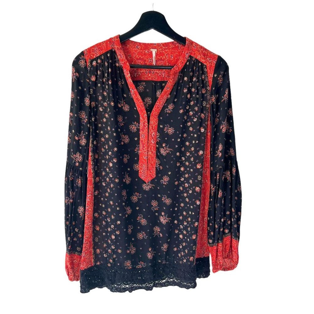 Free People Modified Peacemaker Black Red Print Long Sleeve Top Small